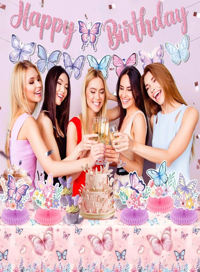 Wayyogh Butterfly Party Decorations Pink Purple Butterfly Happy Birthday Bunting Banner Floral Butterfles Tablecloth and 5Pcs Table Honeycomb Centerpieces Decor for Girls Summer Princess Birthday Supplies - Image 5